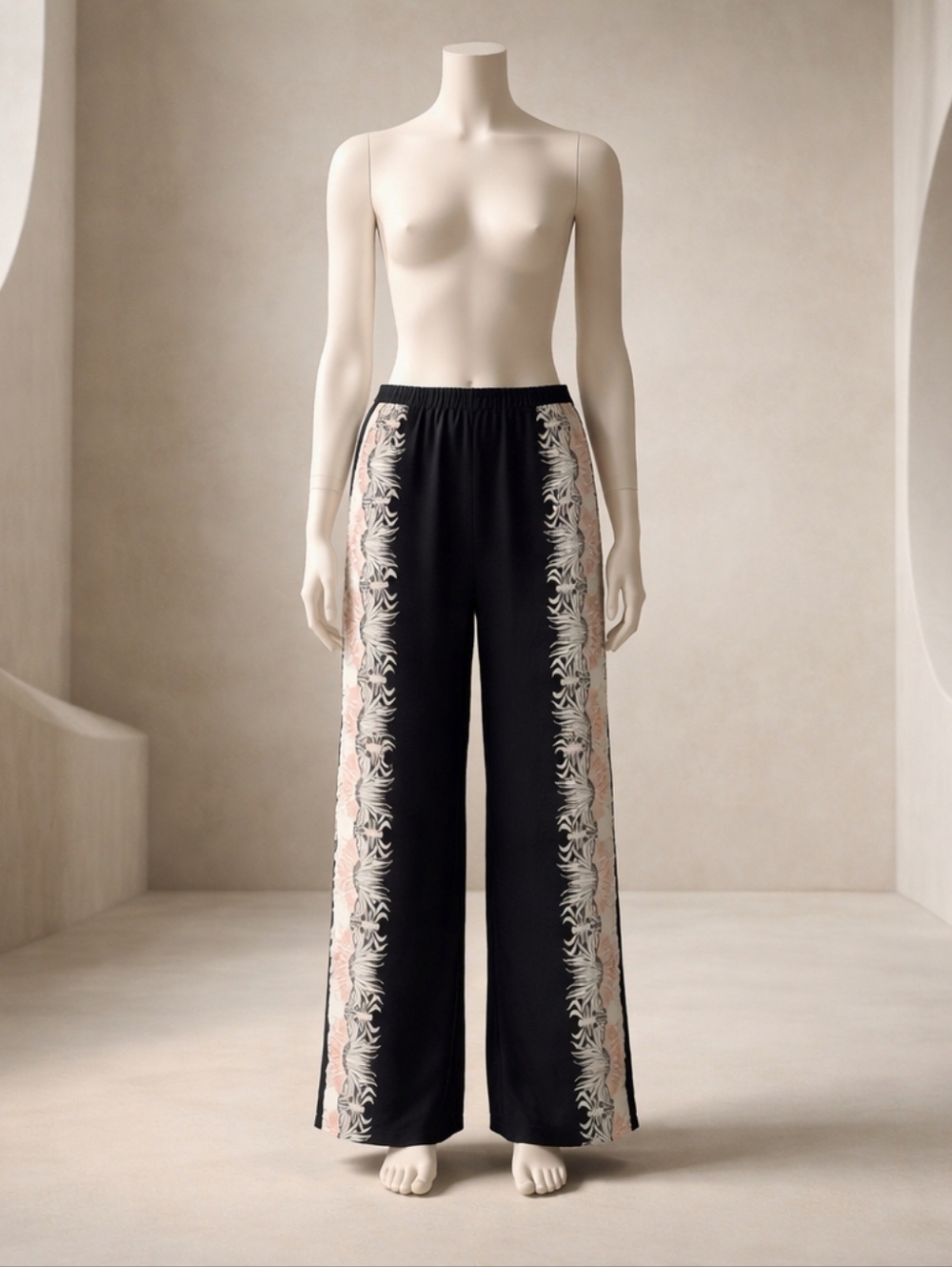Black Wide-Leg Pants with Pink & White Floral Side Panels
